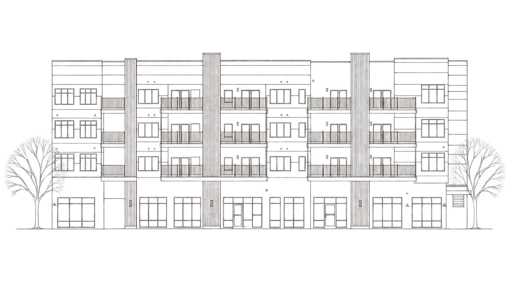 Line drawing of the Polished building with trees
