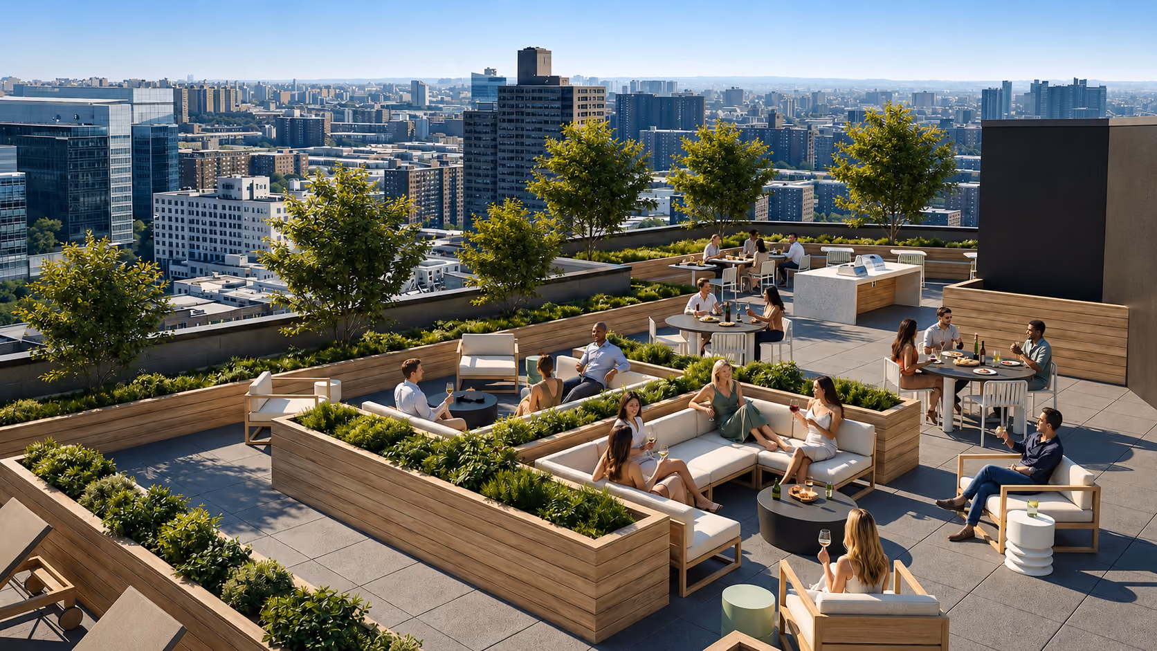Residents gathering on a rooftop terrace at a Haussmann Development community in New York City