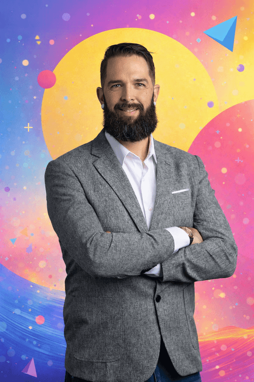 A Picture Of Brice Gould with his arms folded and a bright and playful background
