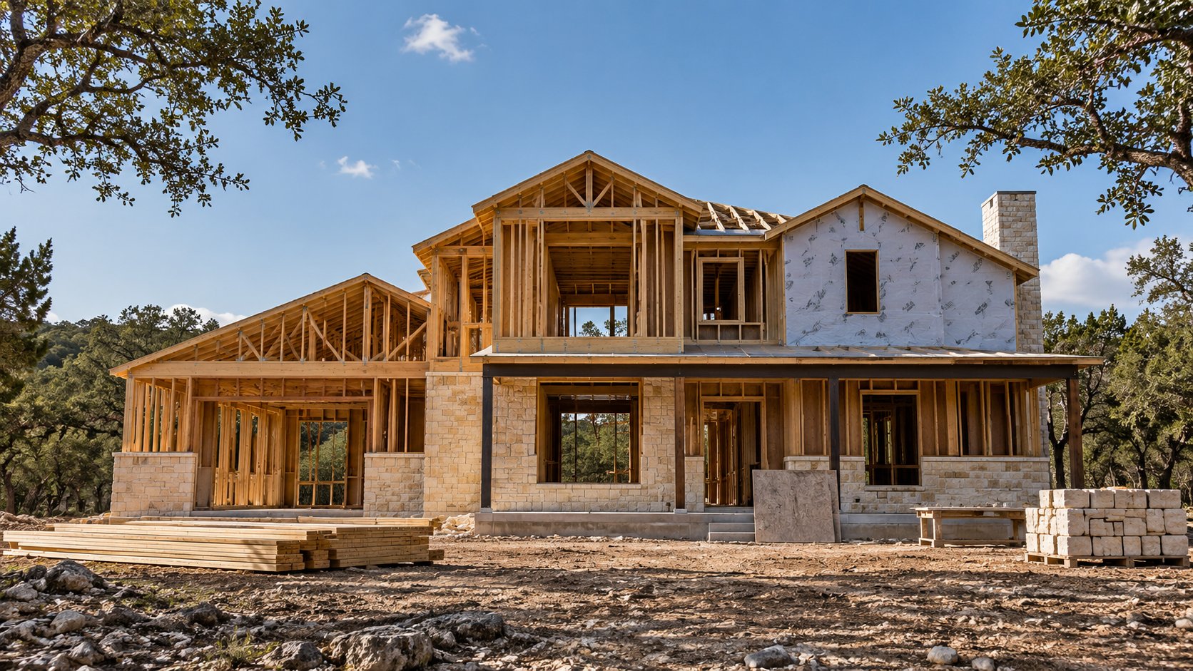A two-story home under construction with timber framing and a limestone base
