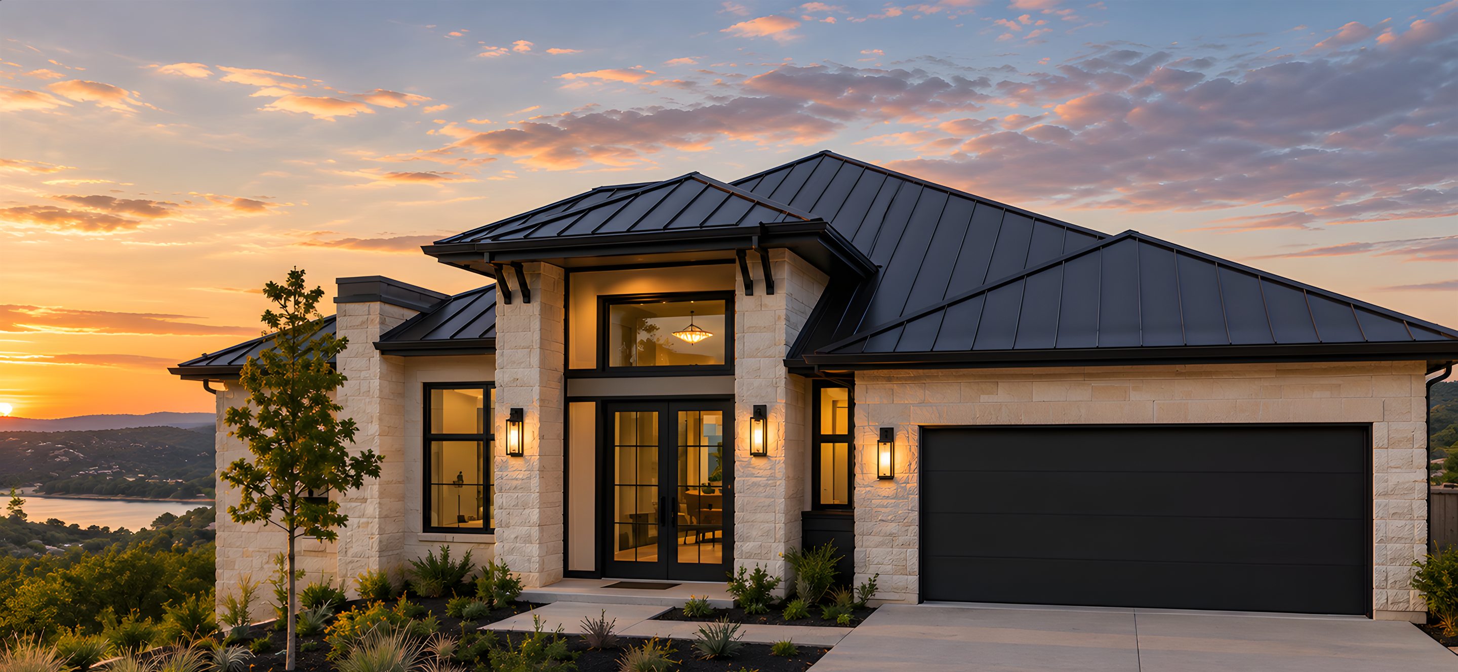 A single-story Hill Country home at sunset with limestone walls, a black standing-seam metal roof, and a lake in the distance