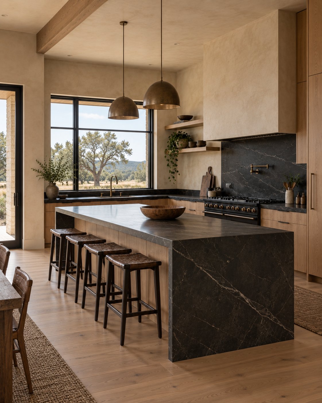 A kitchen with a dark stone island, pendant lights, and wide windows onto the Hill Country