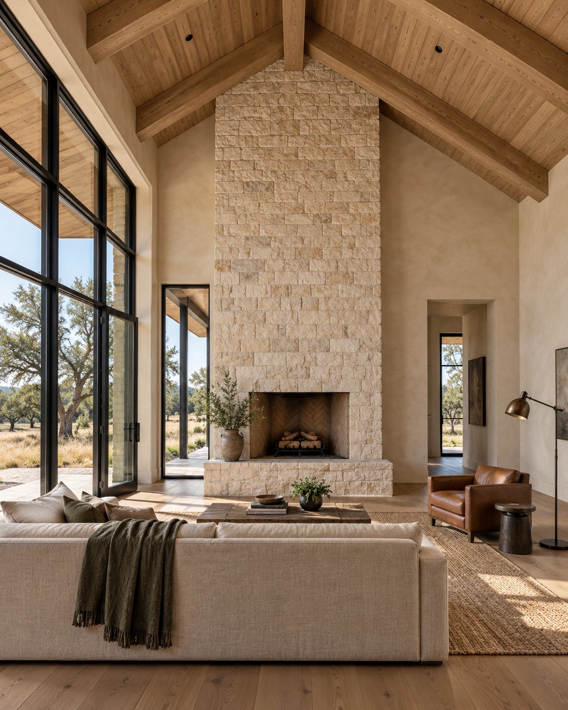 A vaulted living room with a floor-to-ceiling limestone fireplace and tall windows