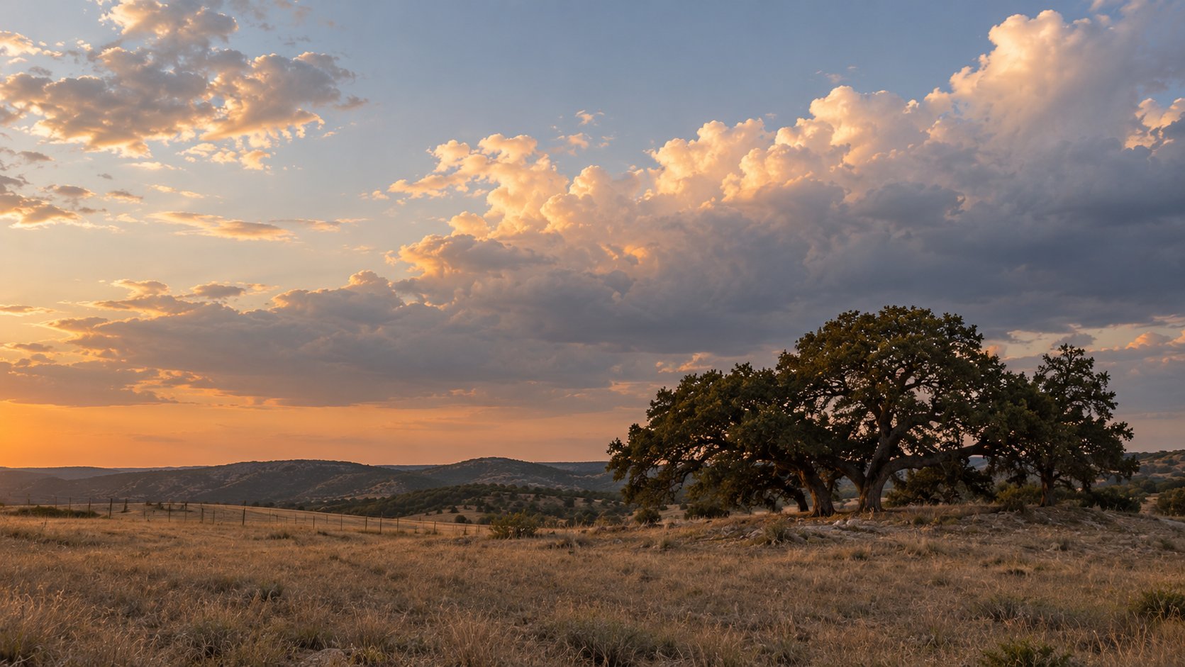A live oak on open Hill Country grassland under a sunset sky