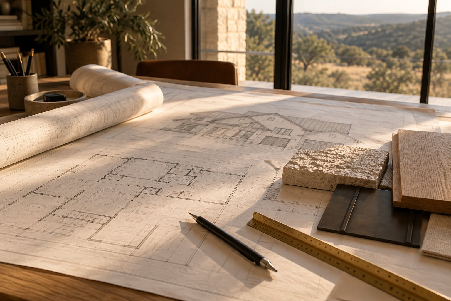 Hand-drawn house plans on a drafting table with a pencil, a brass scale ruler, and limestone and wood material samples