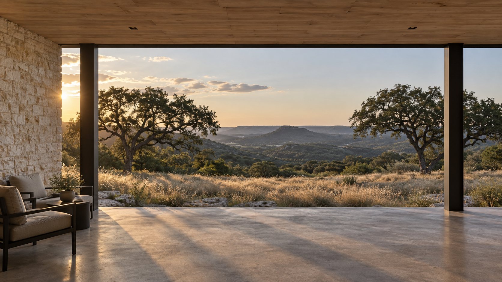 A covered stone patio opening onto oaks and rolling Hill Country at golden hour