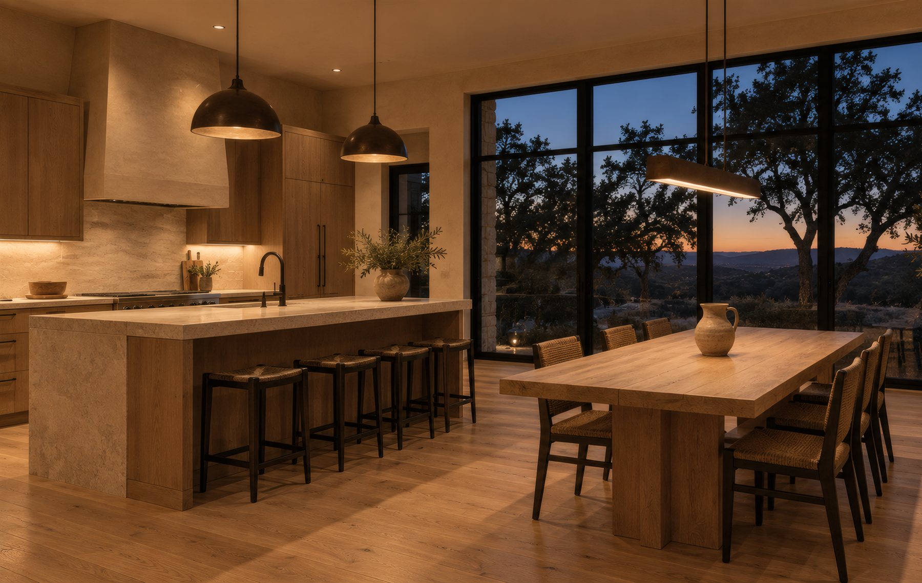 A kitchen and dining room at dusk with a long wood table and tall windows onto Hill Country oaks