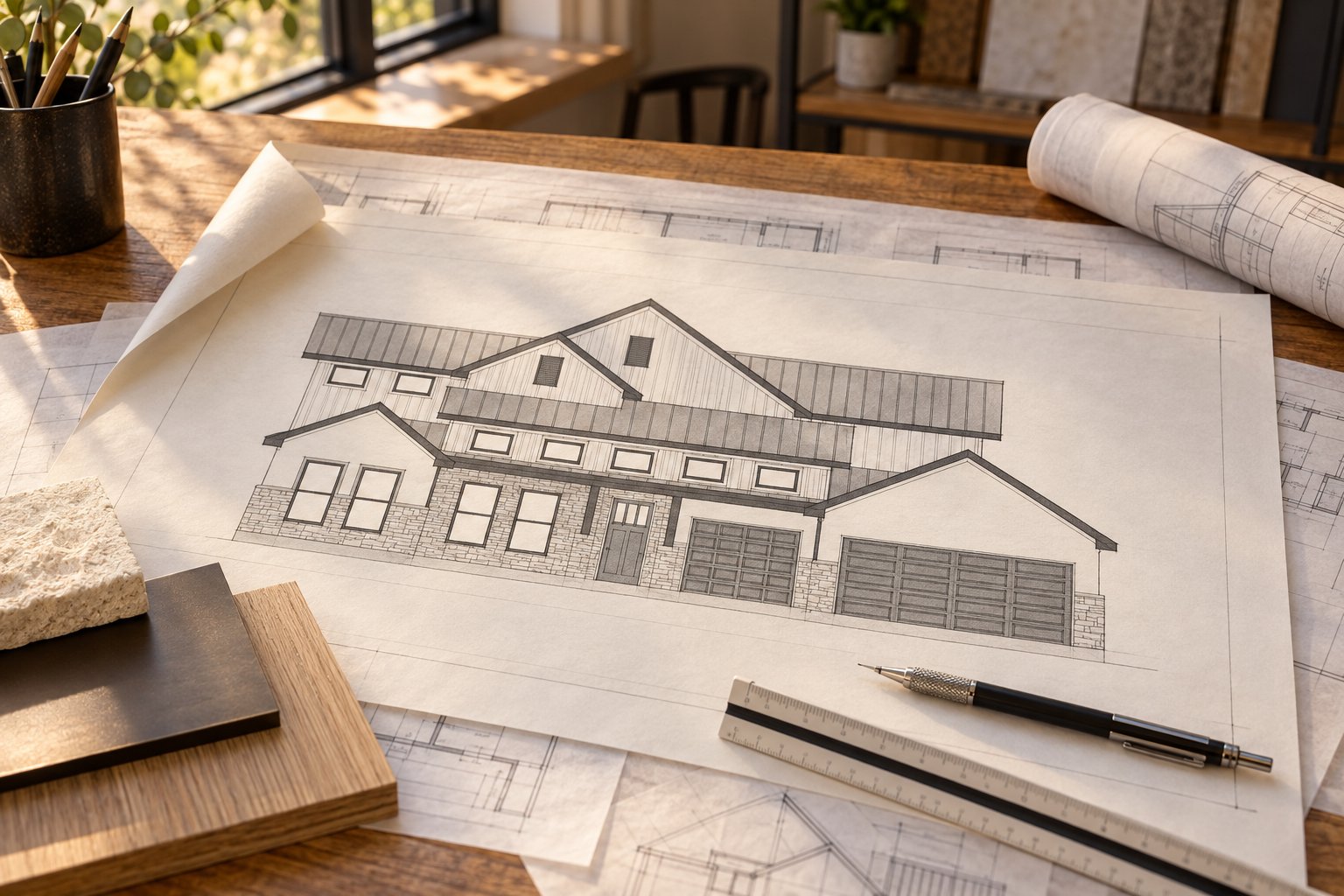 A pencil sketch of a home's front elevation on a drafting table with plan sheets, a pencil, a scale ruler, and material samples