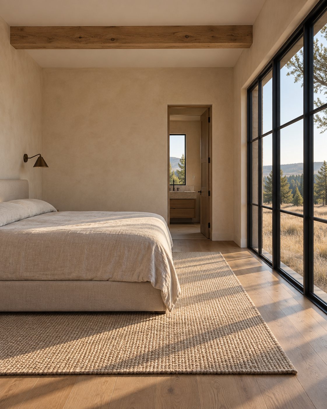 A bedroom with a timber ceiling beam and tall black-framed windows looking out on pines and open meadow