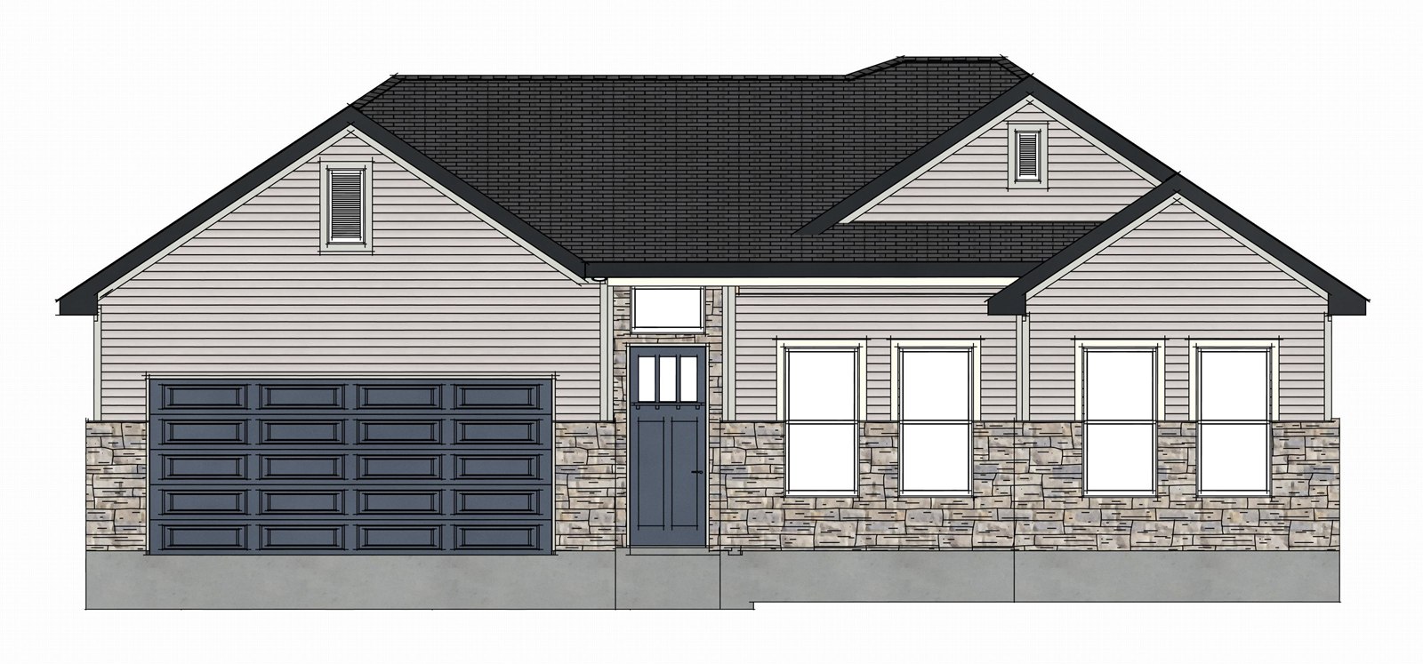 Front elevation rendering of 3500 Mountain Dew, a single-story home with stone, lap siding, and a two-car garage