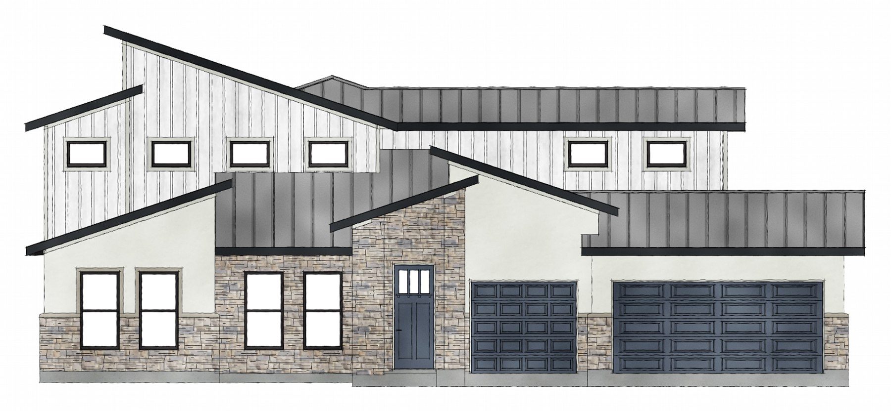 Front elevation drawing of the Driftstone home at 547 Long Branch, Horseshoe Bay