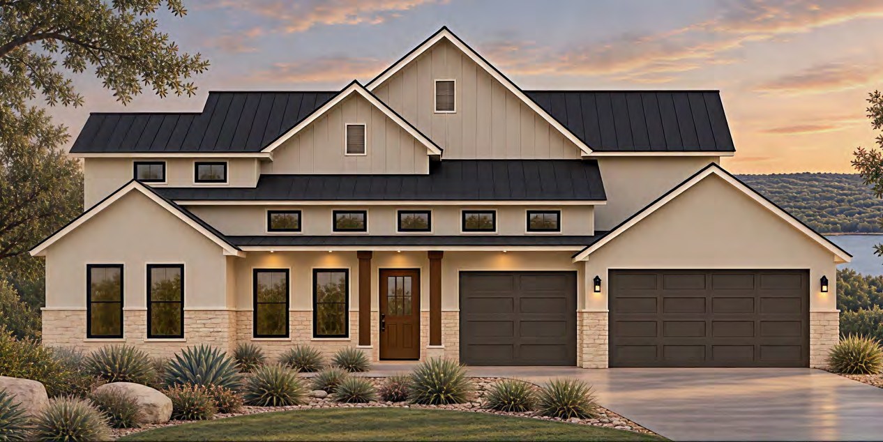 Rendering of 208 Mountain Dew at dusk: a two-story home in beige stucco and board-and-batten with a black metal roof and three-car garage