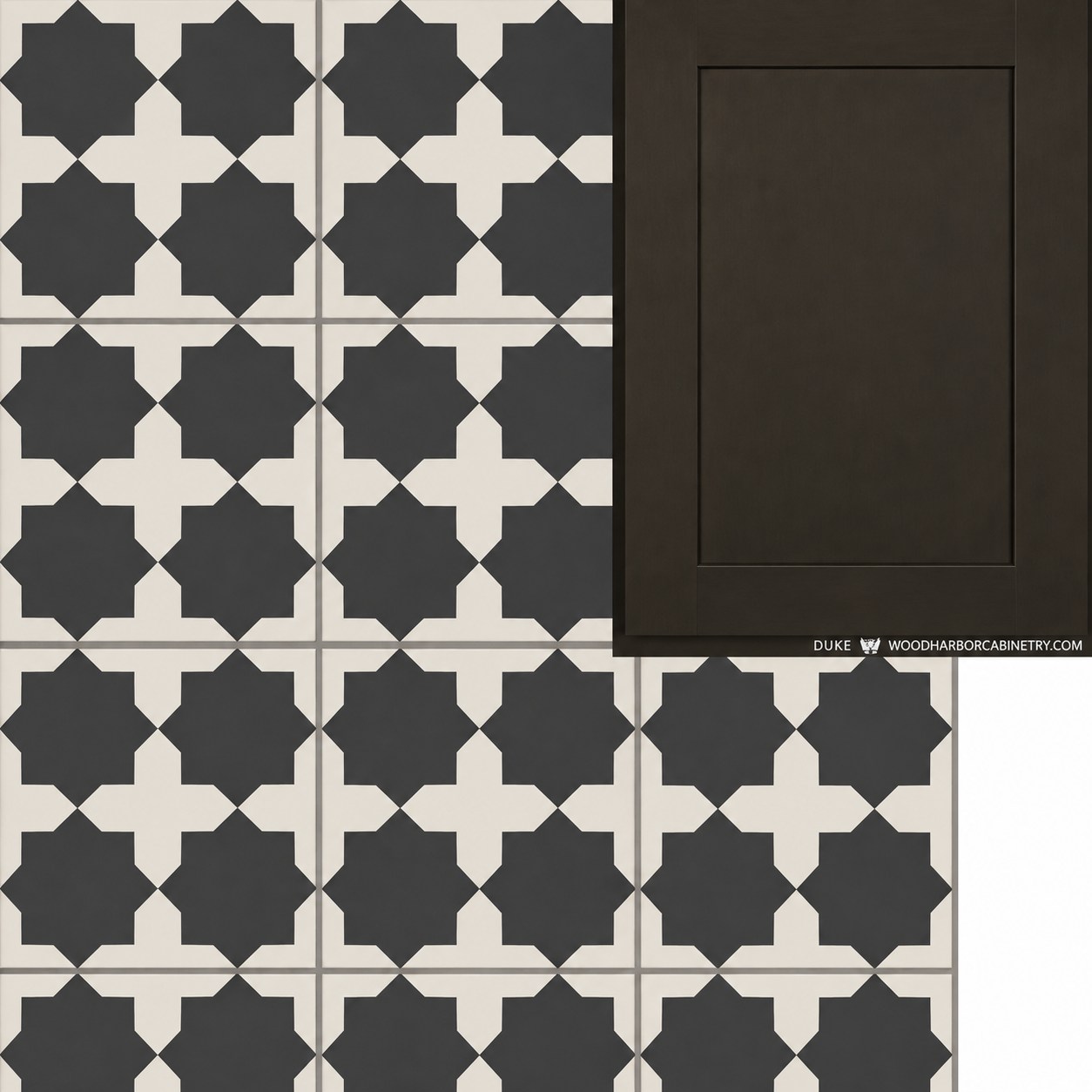 Black and white patterned tile with a dark stained cabinet door for the laundry room