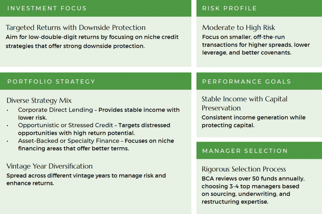 Investment Focus, Risk Profile, Portfolio Strategy, Performance Goals, and Manager Selection