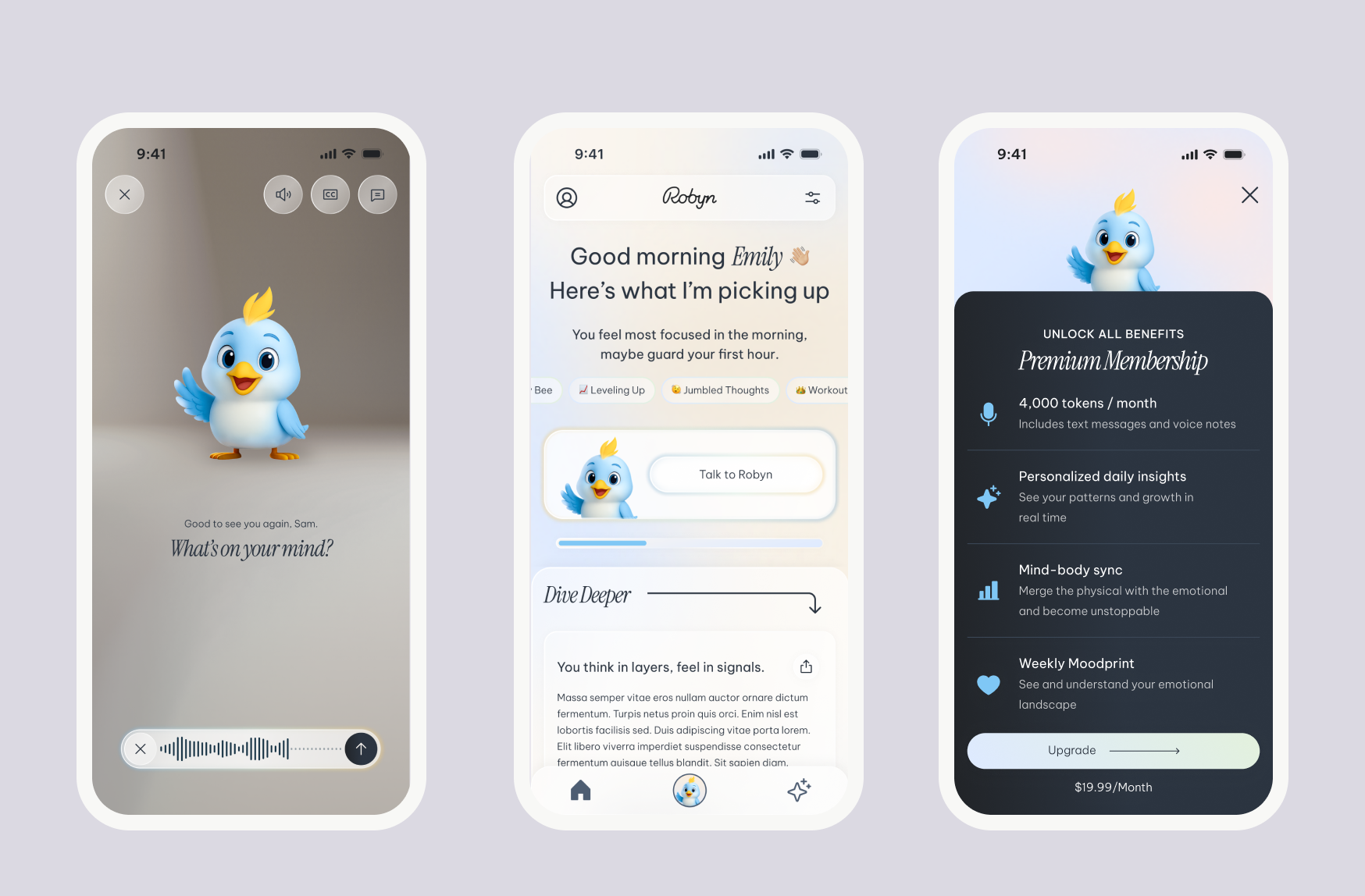 Preview screens from the Robyn AI mobile app project