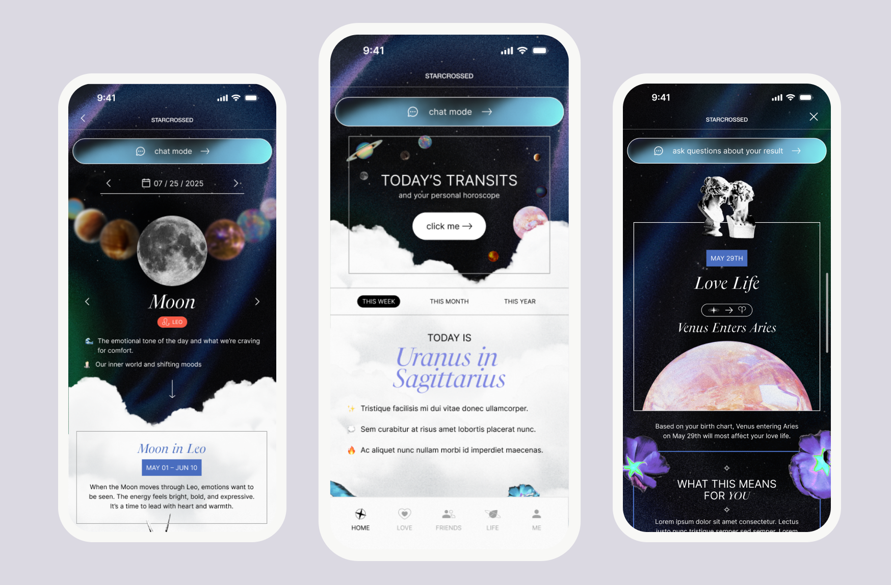 Preview screens from the Starcrossed astrology app project
