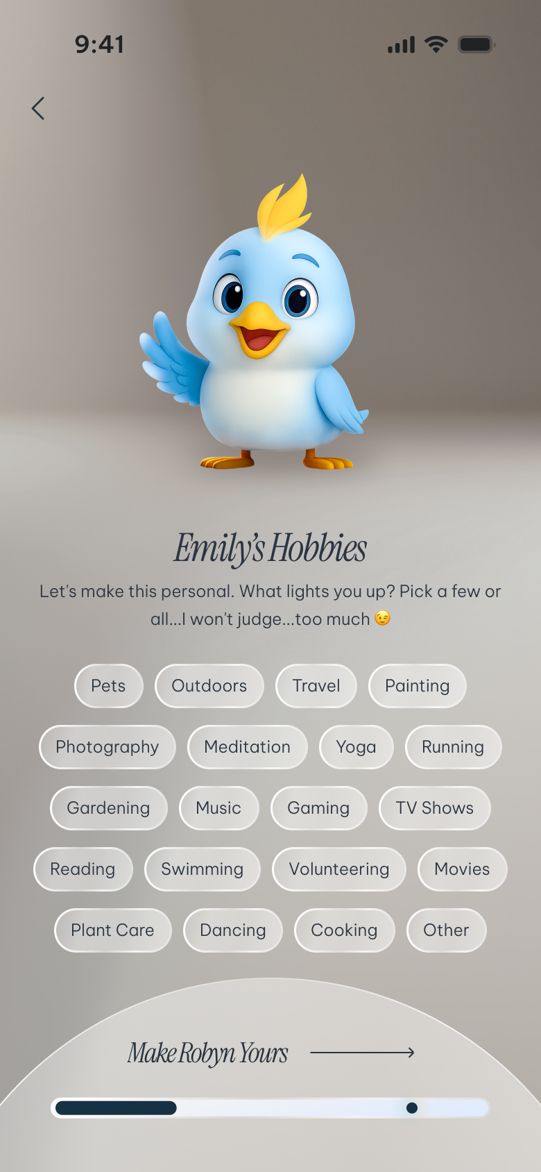 Robyn personalized onboarding questions screen