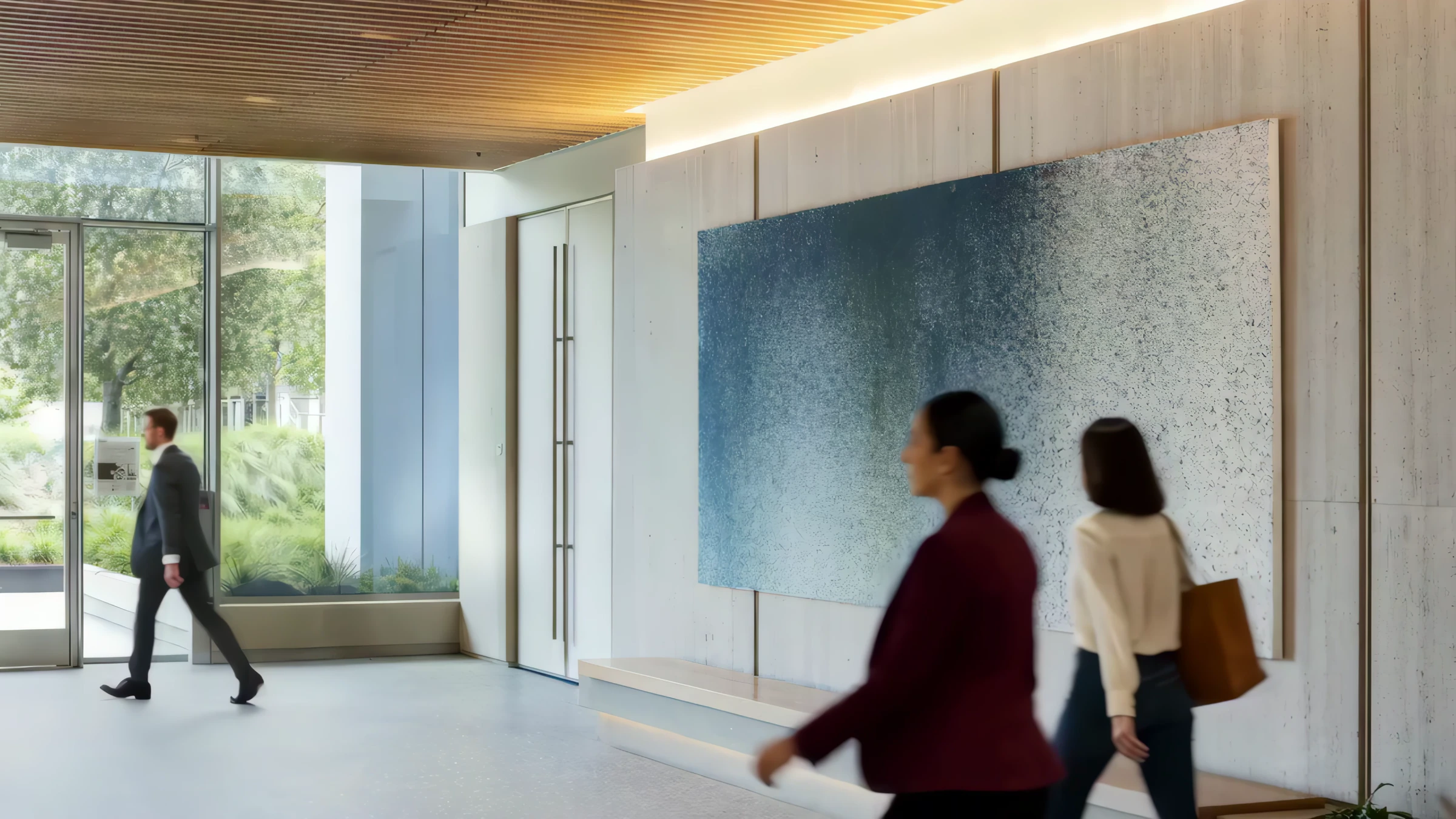 Large blue contemporary painting installed in a modern lobby with a wood slat ceiling