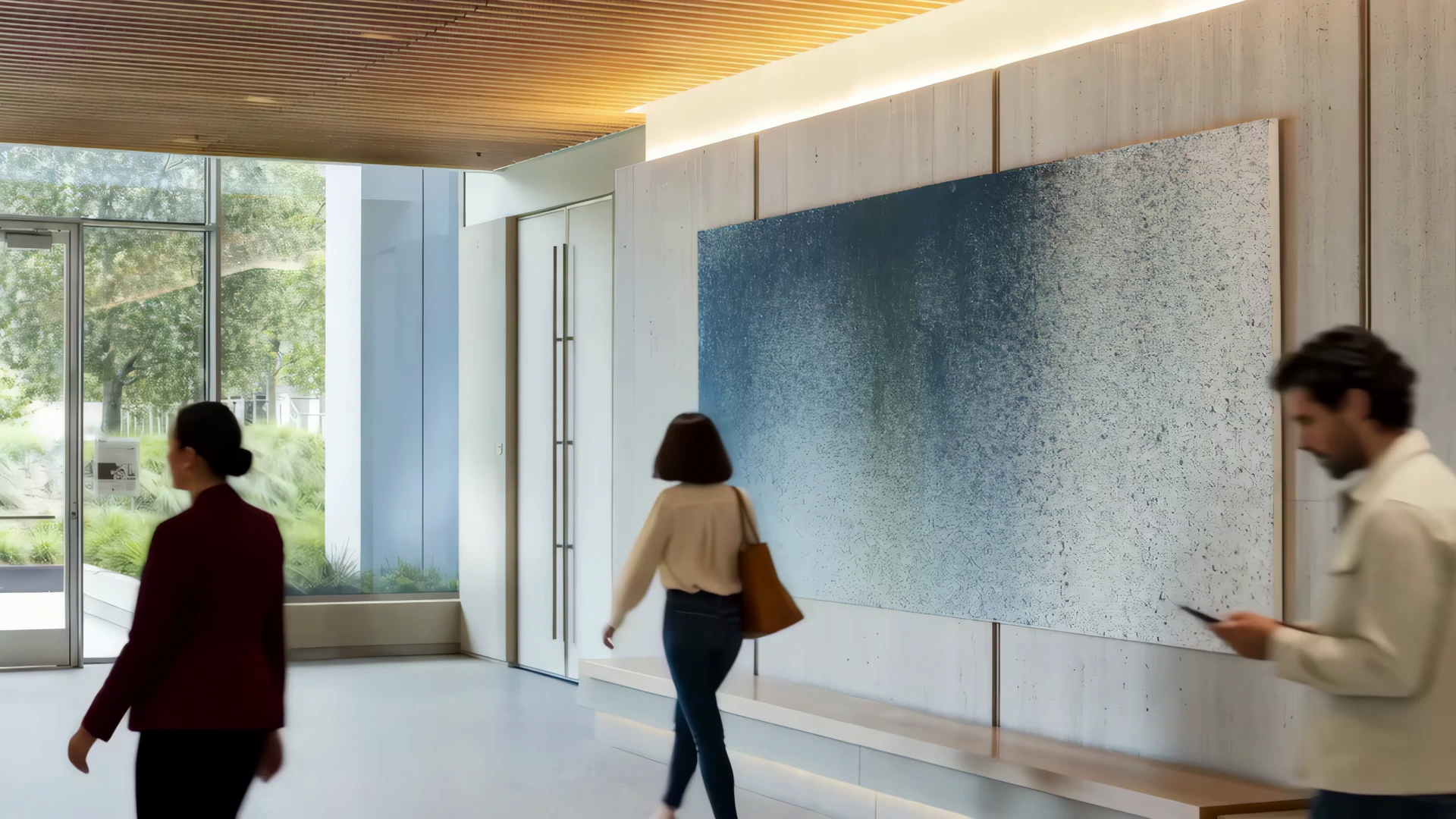 Large blue contemporary painting installed in a modern lobby with a wood slat ceiling