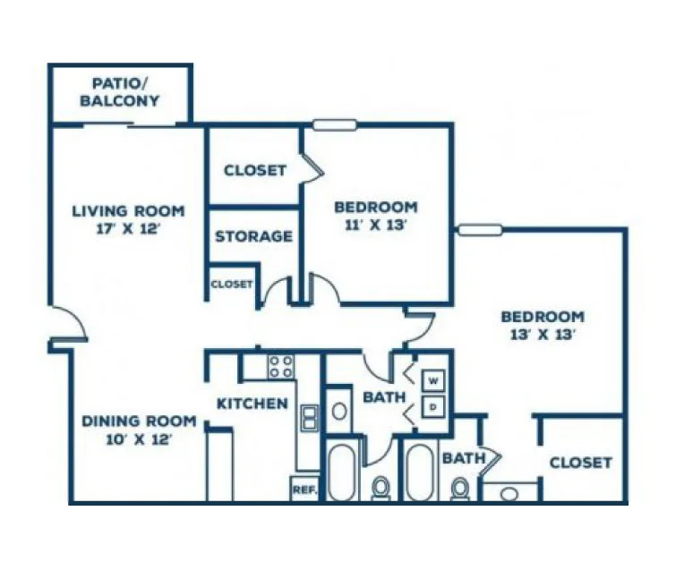 The Dogwood 2-bedroom 2-bath floor plan layout