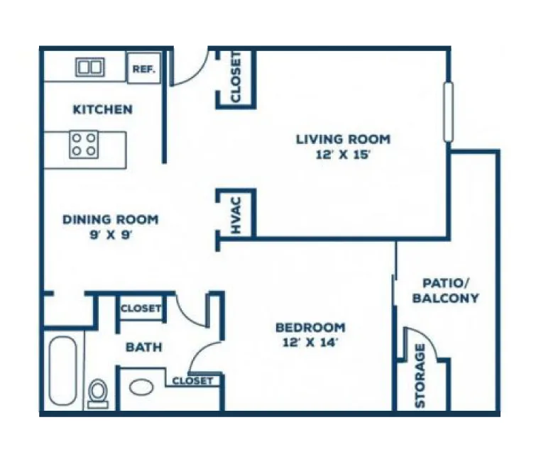 The Aspen 1-bedroom floor plan layout