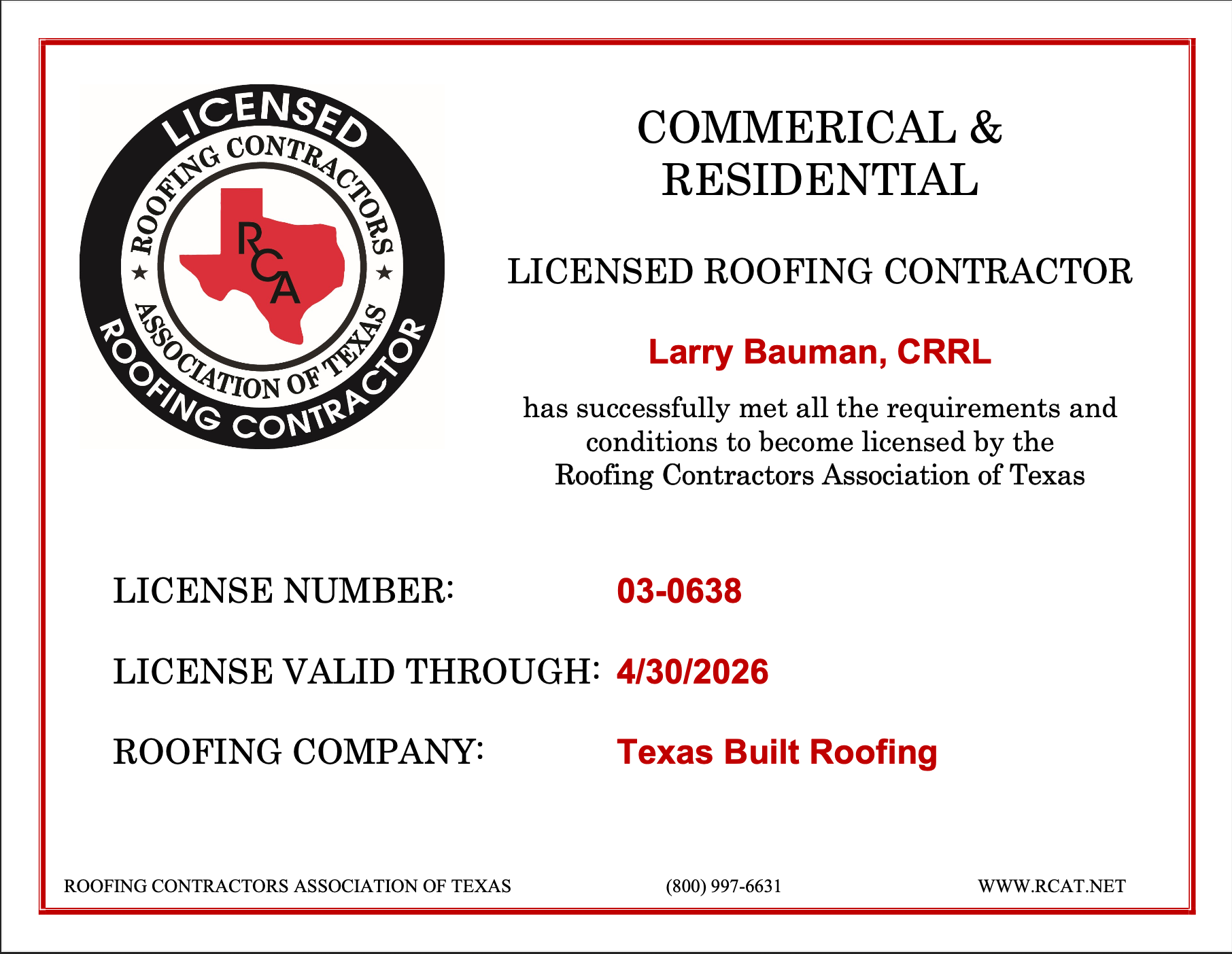RCAT Licensed Roofing Contractor certifiacate