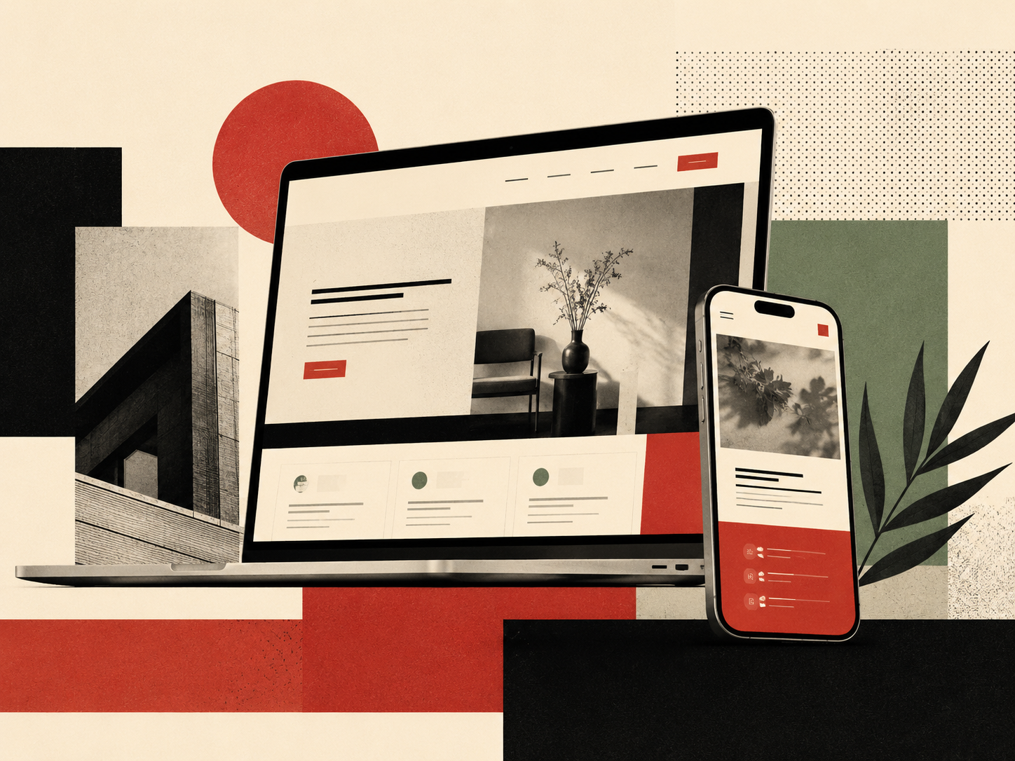 Laptop and smartphone displaying modern website layouts with abstract design elements in red, green, and black.