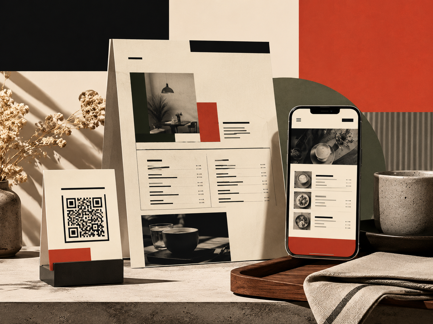 Table display of cafe menu, QR code card, phone with menu, cup and vase on rustic surface.