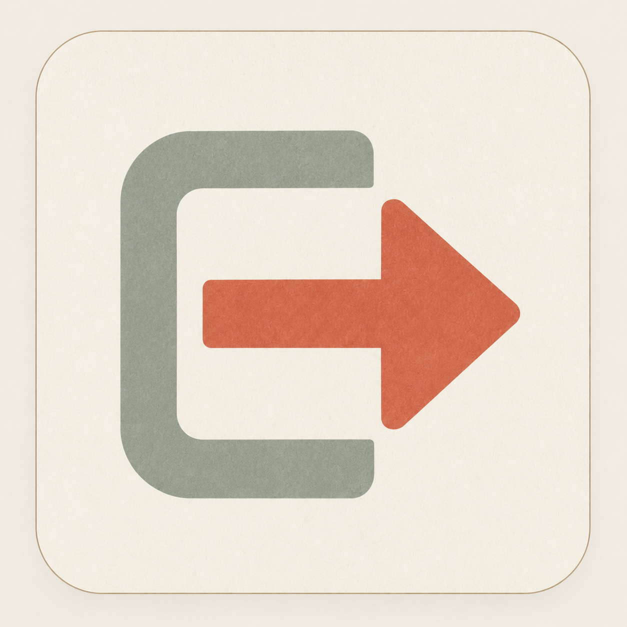 A stylized rightward orange arrow inside an open green bracket on a beige rounded square background.
