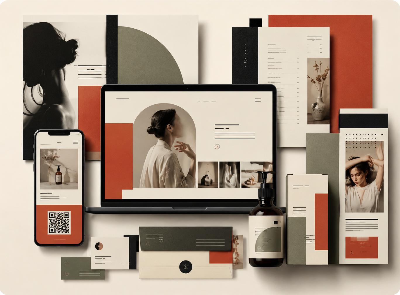 Digital and print branding materials with modern earthy design and portraits, including laptop and smartphone views.