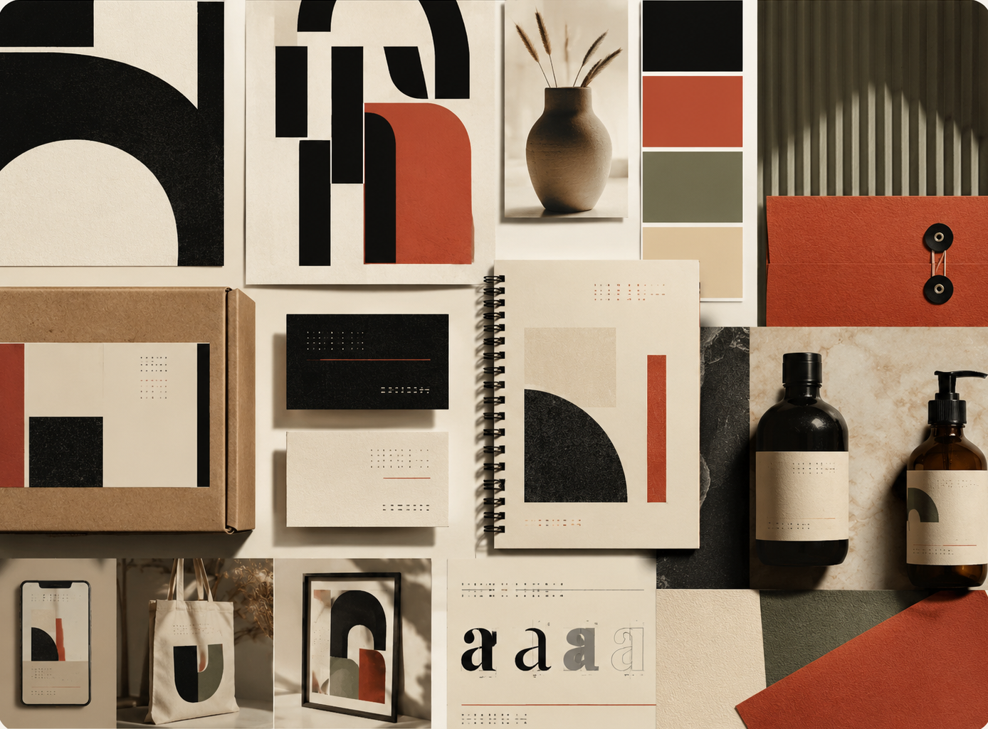 Flat lay of modern packaging and stationery designs with geometric patterns in black, beige, rust, and green tones.