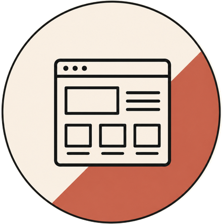 Icon of a webpage layout with text and image blocks on a circular background half beige and half reddish brown.