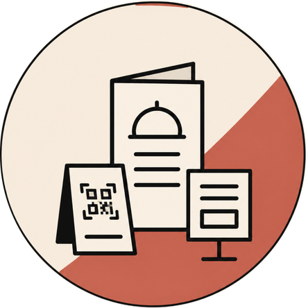 Icons of a menu, QR code stand, and a display stand on a beige and brown background.