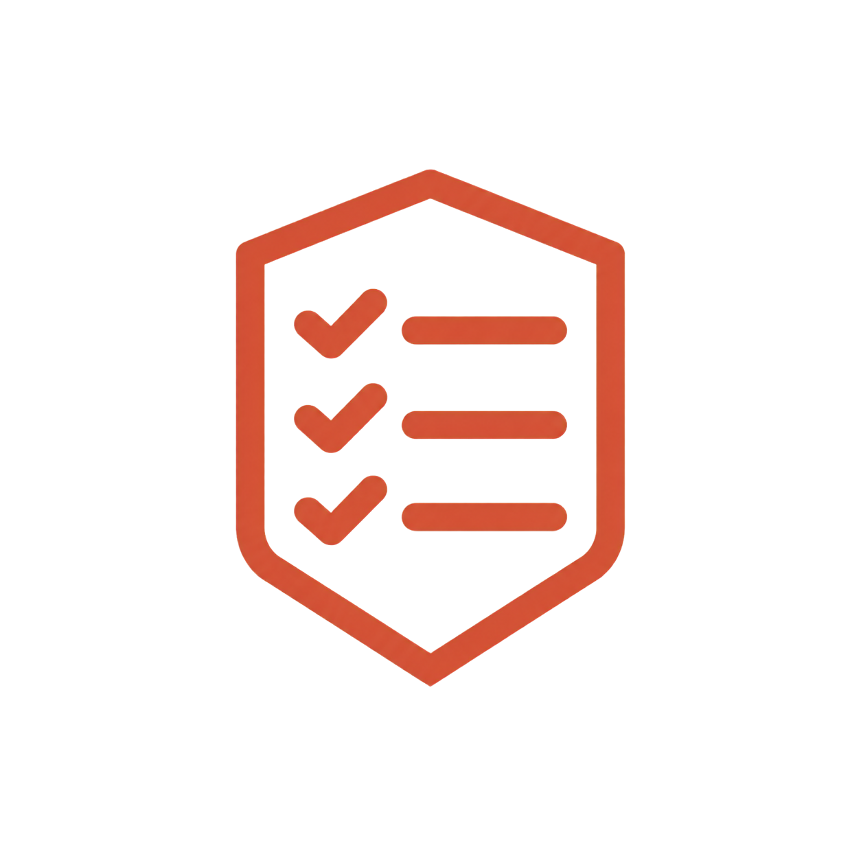 Orange shield icon with three check marks and horizontal lines representing a checklist.