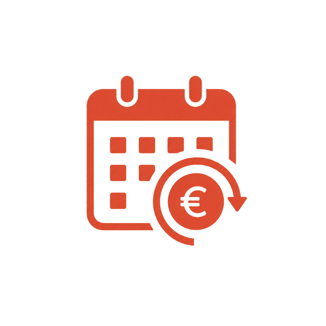 Red calendar icon with a euro symbol and circular arrow indicating recurring payments or billing.