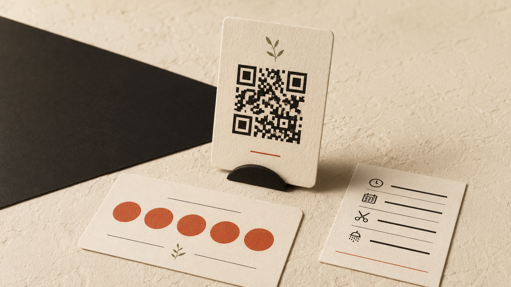 Three beige cards on textured surface with QR code, red circles, and icons for time, calendar, scissors, and shower.