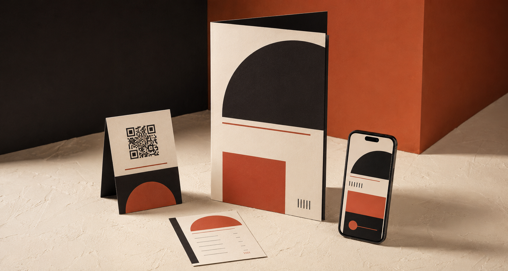 Set of print and digital materials with modern geometric design in black and terracotta colours.