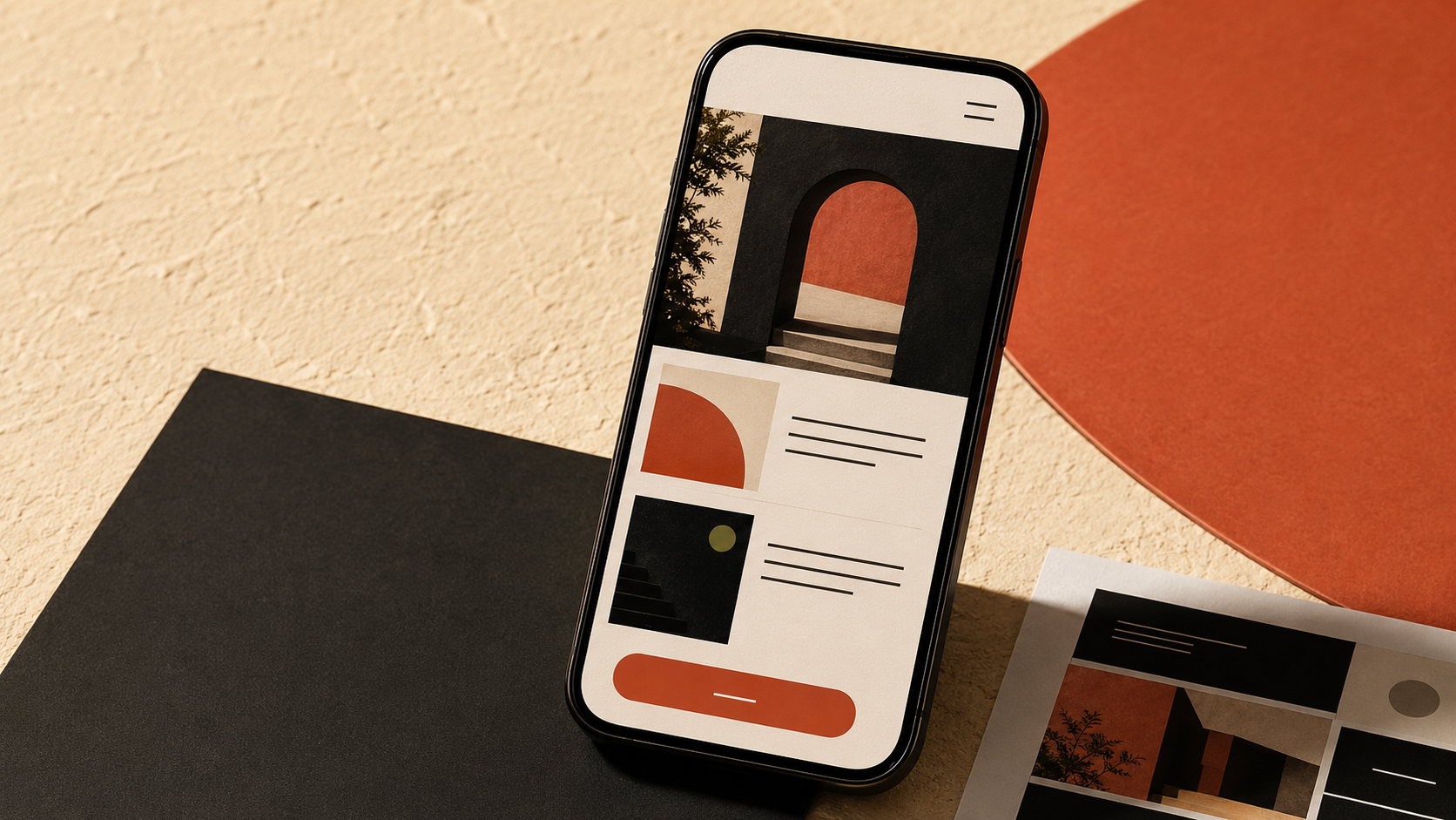 Smartphone showing a minimalist app design with geometric shapes and an arch image on a textured surface.