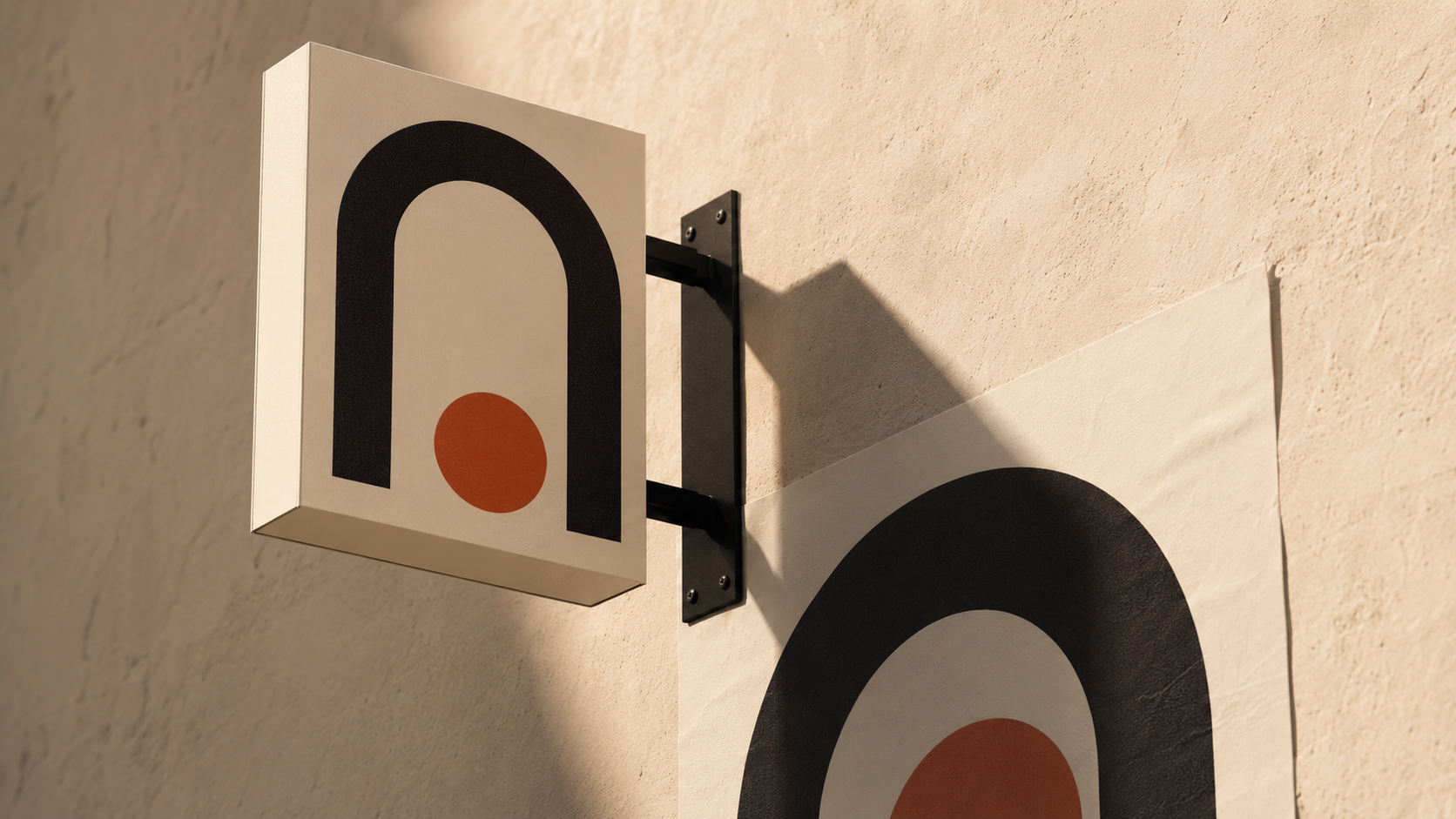 Beige wall with a mounted sign featuring a black arch and an orange circle below it.