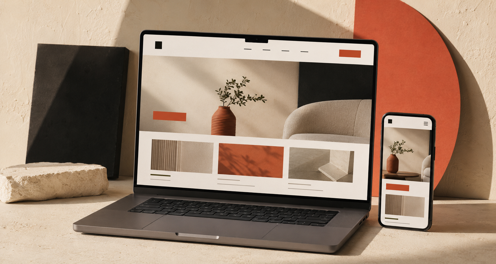 Laptop and smartphone showing a website with a vase and plant in a modern minimalist room.