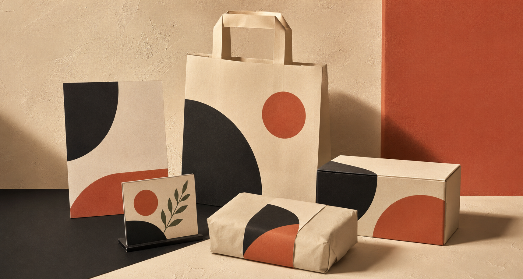 Set of beige packaging with abstract black and rust red geometric shapes on boxes and bags.
