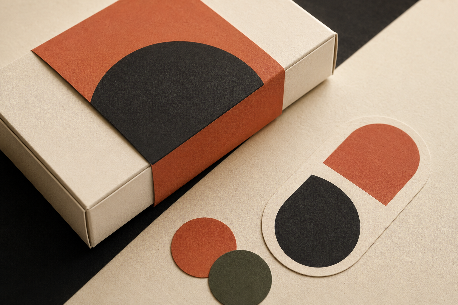 Minimalist packaging with beige box, abstract black and rust shapes, and two small paper circles.