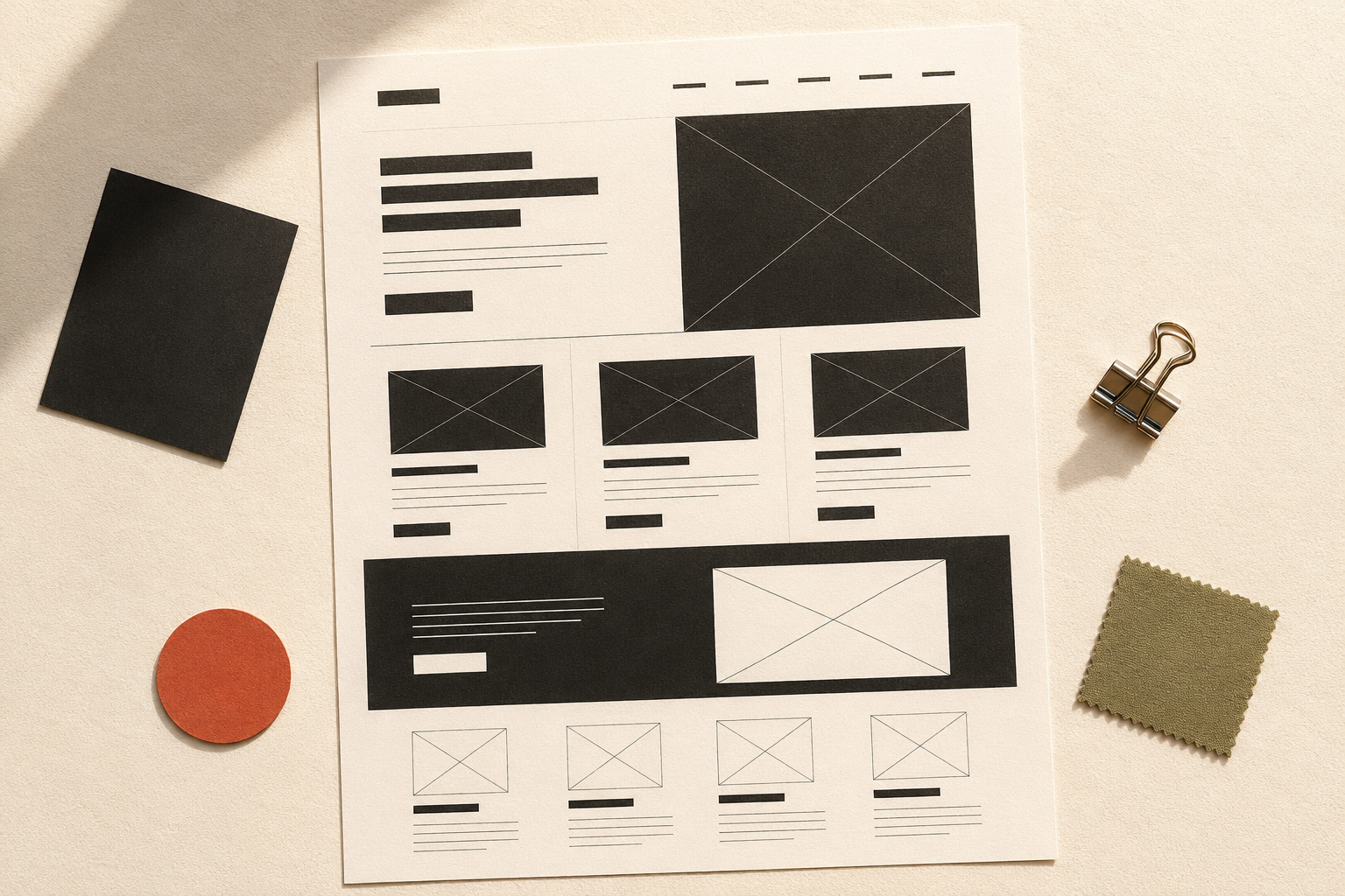 Wireframe layout on paper showing placeholders for images, text blocks, and sections, with office items around it.