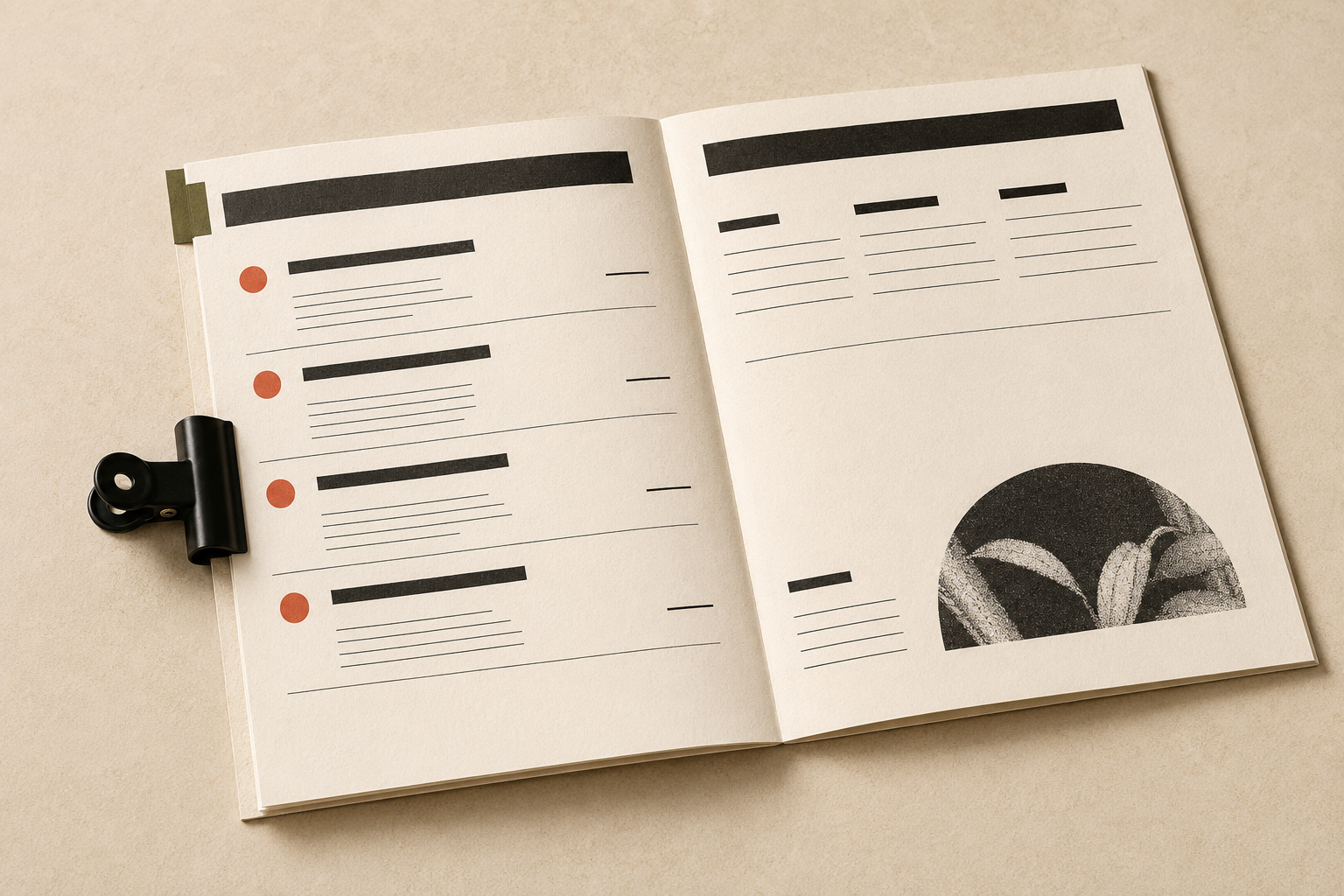 Open book with text blocks, red bullet points on left page, and a black-and-white plant image on right.