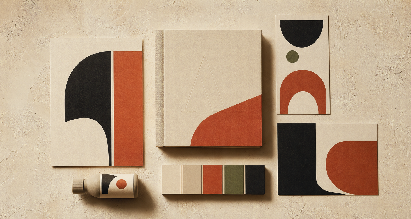 Beige stationery set with abstract black, red, and olive shapes on textured surface.