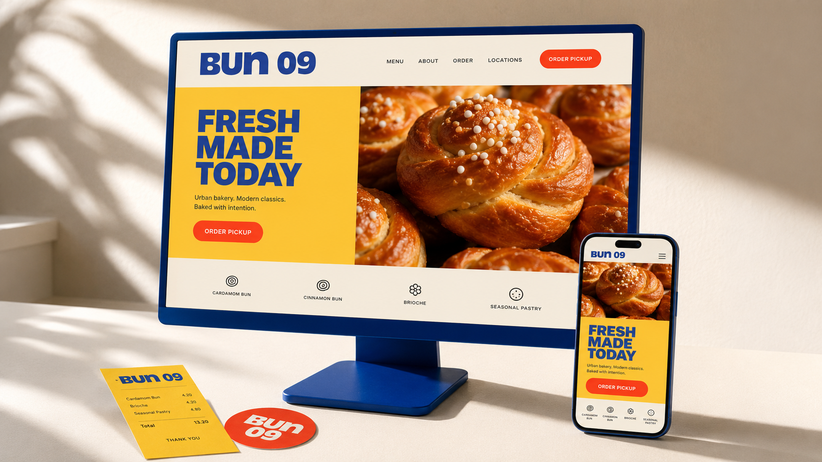 Bun 09 bakery website and mobile view showing fresh buns, menu, and order pickup button.