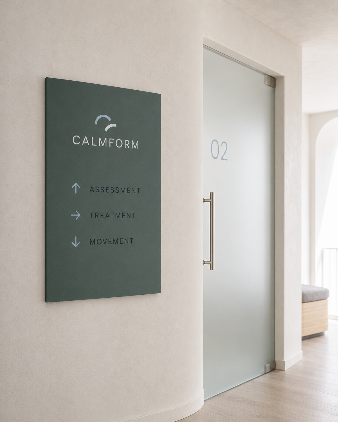 Indoor hallway with Calmform sign showing directions for assessment, treatment, and movement by door number 02.
