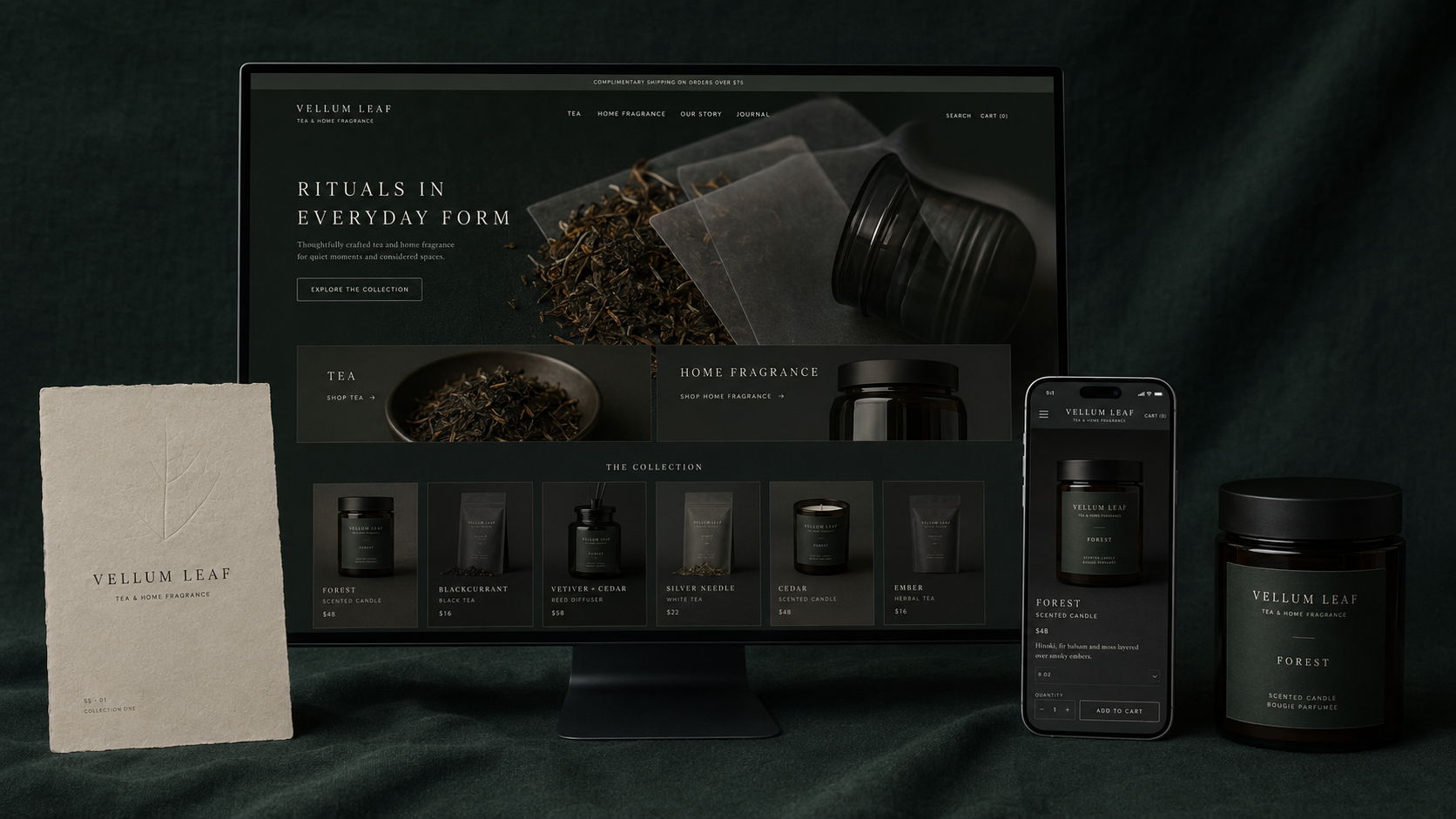 Vellum Leaf tea and home fragrance website shown on desktop and phone with product candle and branding card.