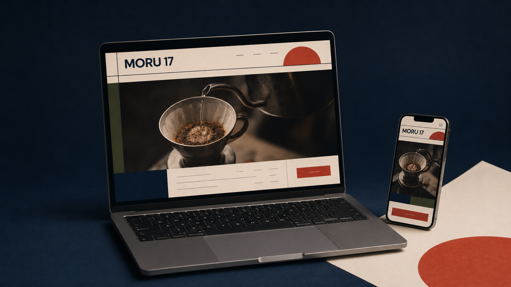 Laptop and smartphone showing a coffee brewing website titled MORU 17 with a pour-over coffee image.