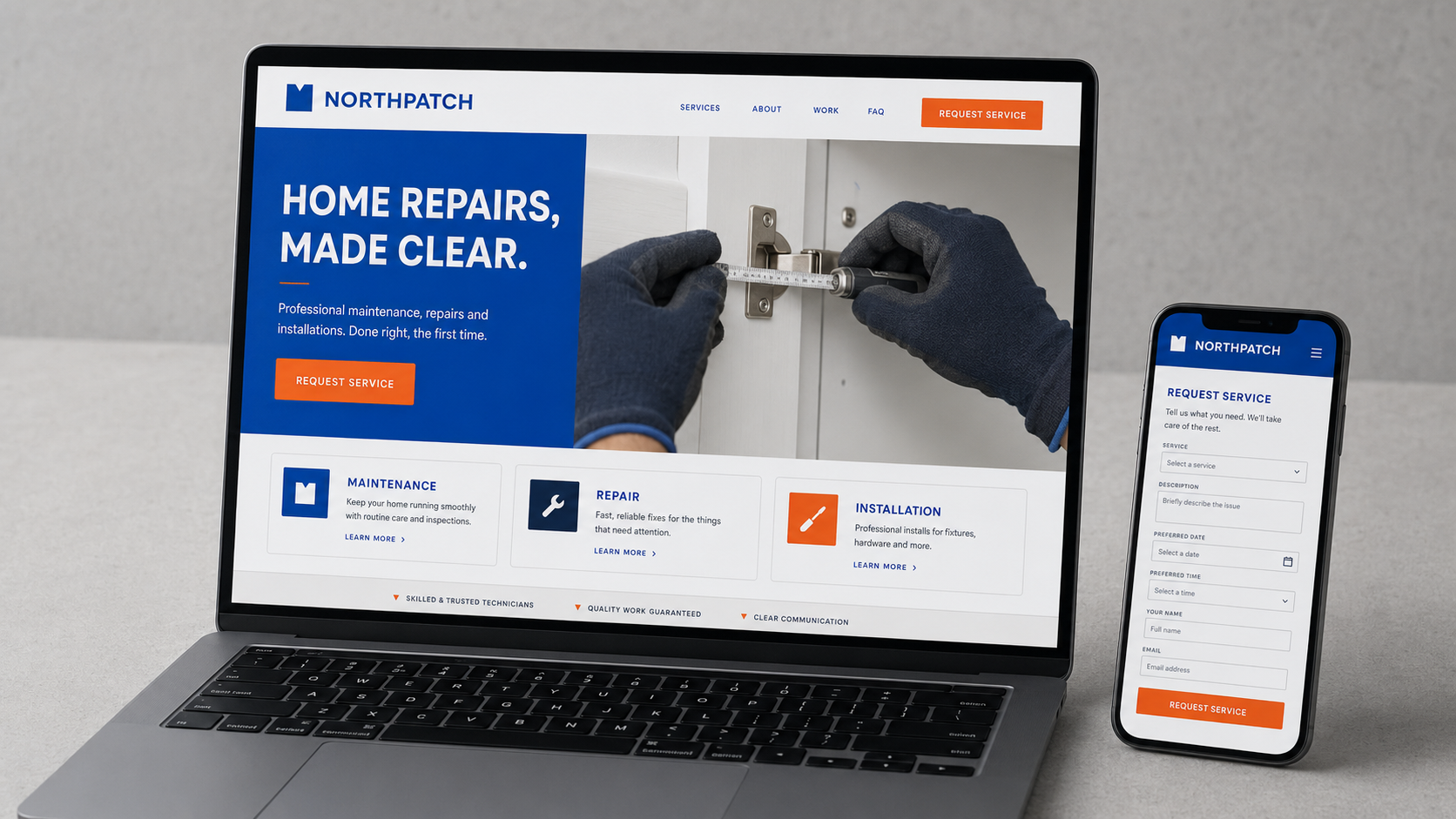 Laptop and phone showing Northpatch home repair services website with service request form on phone.